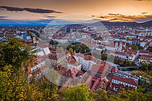 Aerial view of the city of Graz at sunset, Styria, Austria photo