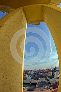 Aerial view from the city hall tower over Oradea town center