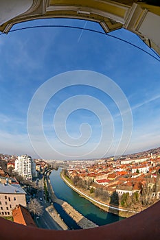 Aerial view from the city hall tower over Oradea town center. Romania