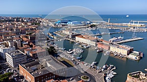 aerial view of the city with harbor in livorno, italy