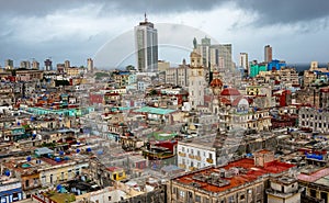 Aerial view of the city of Havana with a stormy sky