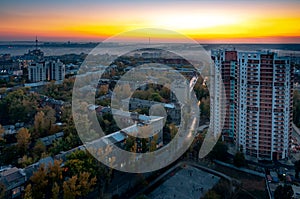 Aerial view of a city with high-rise buildings