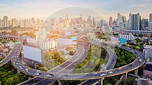 Aerial view city highway and downtown skyline background, Bangkok