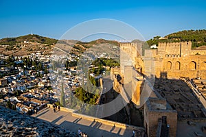 Aerial view of the city with historic center of Granada with some part of Alcazaba castle