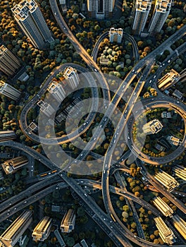 Aerial view of city intersection with four roads meeting in cross formation. Many cars, trucks, and buses visible on