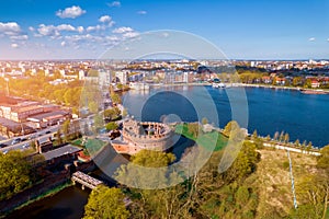 Aerial view city Kaliningrad Russia fortress tower Verkhneye Lake summer sunny day