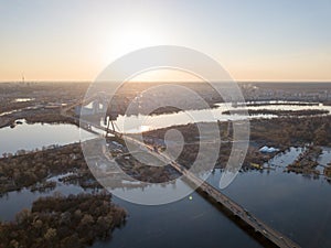 Aerial view on the city of Kiev and the Dnieper River with a bridge