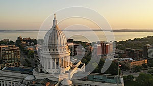 Aerial view of City of Madison. The capital city of Wisconsin from above. Drone flying over Wisconsin State Capitol in downtown.