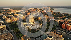 Aerial view of City of Madison. The capital city of Wisconsin from above. Drone flying over Wisconsin State Capitol in downtown.