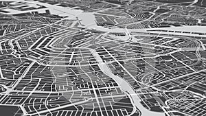Aerial view city map Amsterdam, monochrome detailed plan streets and canals, urban grid in perspective