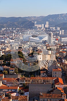 Aerial view of the city of Marseille on a sunny winter day