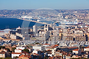 Aerial view of the city of Marseille on a sunny winter day