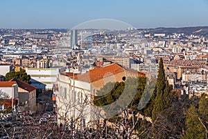 Aerial view of the city of Marseille on a sunny winter day