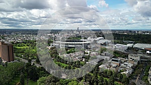 Aerial view of the city of Melbourne in Australia under a cloudy sky