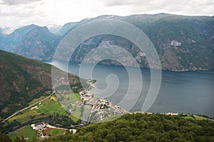 aerial view of city near Aurlandsfjord from Stegastein viewpoint