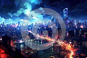 Aerial view of city, nightcore style. Beautiful illustration picture. Generative AI photo