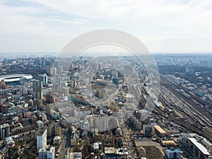 The city landscape with railroad tracks and the Olympic Sports Complex. Kiev, Ukraine