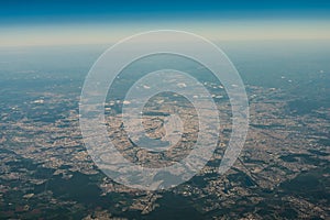 Aerial view of city of Paris, France out of 38.000 ft - pilots view