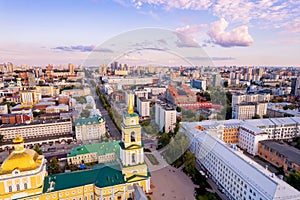 Aerial view City Perm Russia, historical building with sunset, drone photo