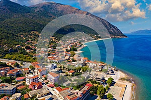 Aerial view of city of Poros, Kefalonia island in Greece. Poros city in middle of the day. Cephalonia or Kefalonia island, Ionian