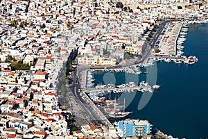 An aerial view of the city of Pothia. Greece