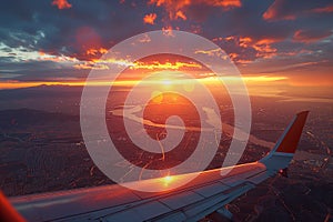 Aerial view of city and river at sunset