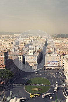 Aerial view of the city of Rome. Piazza Venezia and Via del Corso.