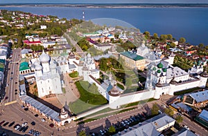 Aerial view of city of Rostov-on-don with monastery and river Don