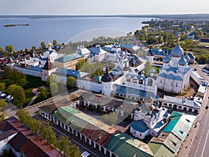 Aerial view of city of Rostov-on-don with monastery and river Don