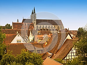 Aerial view of the city Rothenburg ob der Tauber in Bavaria with the St. James church