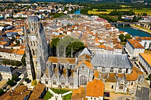 Aerial view of city of Saintes and Saint Peters Basilica. France