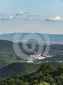 Aerial view of the city of Salgótarján, Hungary, communist concrete block flat