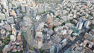 Aerial view of the city of Santiago of Chile in the country of Chile in the summer.  Is the capital and largest city of Chile as w