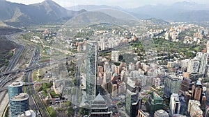 Aerial view of the city of Santiago of Chile in the country of Chile in the summer.  Is the capital and largest city of Chile as w