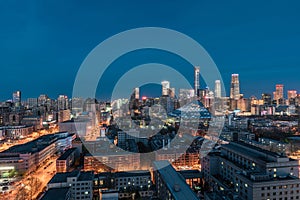 Aerial view of the city skyline of China World Trade Center in Beijing at night