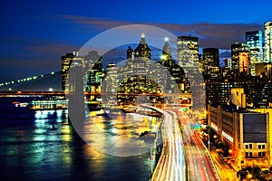 Aerial view on the city skyline in New York City, USA at night