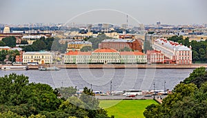 Aerial view of the city skyline with the river Neva University Embankment in Saint Petersburg, Russia