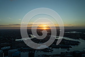 Aerial view of the city skyline of Sydney in Australia during sunset