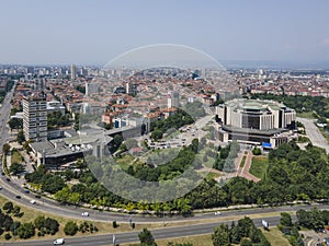 Aerial view of city of Sofia near National Palace of Culture, Bulgaria