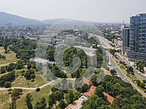 Aerial view of city of Sofia near National Palace of Culture, Bulgaria