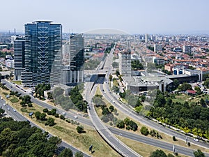 Aerial view of city of Sofia near National Palace of Culture, Bulgaria