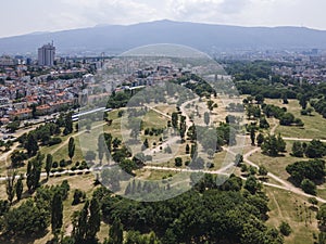 Aerial view of city of Sofia near National Palace of Culture, Bulgaria