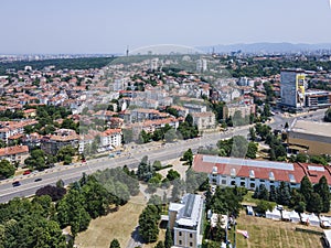 Aerial view of city of Sofia near National Palace of Culture, Bulgaria