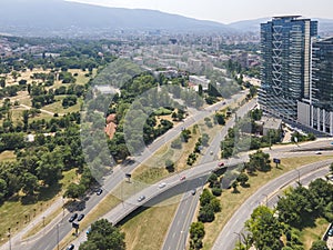 Aerial view of city of Sofia near National Palace of Culture, Bulgaria