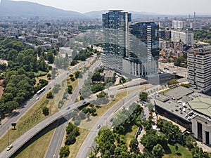 Aerial view of city of Sofia near National Palace of Culture, Bulgaria