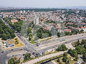 Aerial view of city of Sofia near National Palace of Culture, Bulgaria