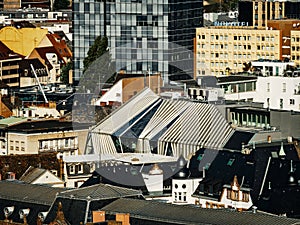 Aerial view of the city of Strasbourg. Sunny day. Red tiled roofs