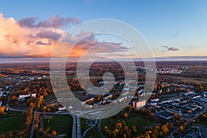 Aerial view of the city at sunset.