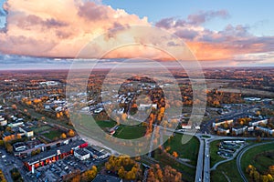 Aerial view of the city at sunset.