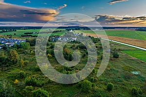 Aerial view of the city at sunset.